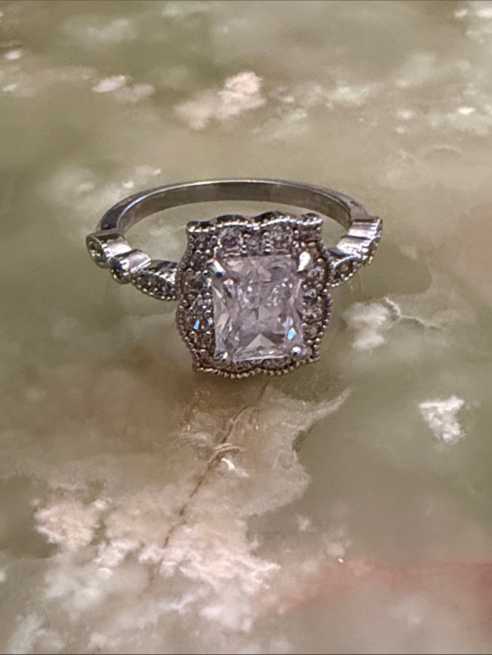 Silver-Tone Cushion Halo Ring with Clear Center Stone - Size 7.5 US